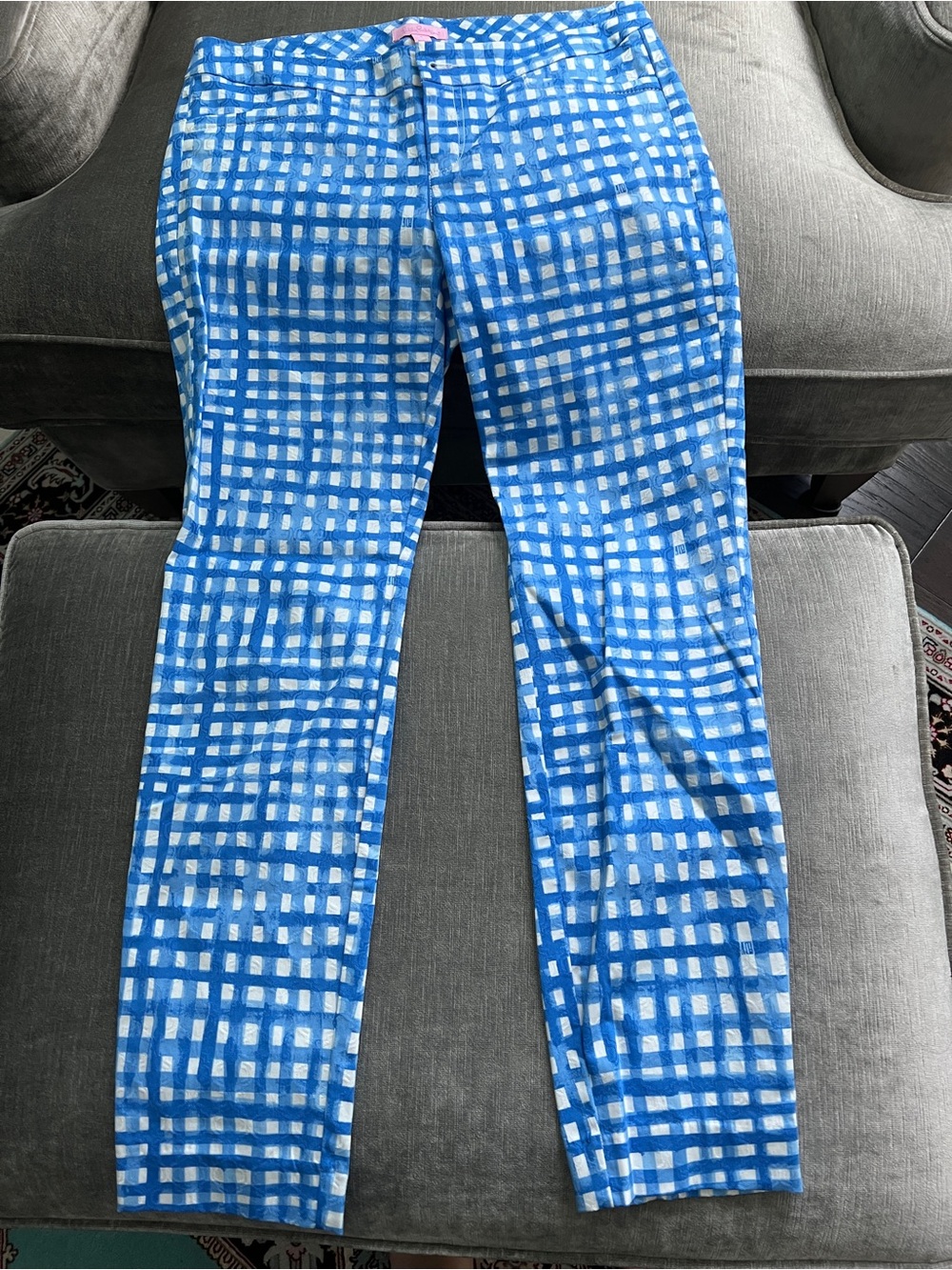 Lilly Pulitzer Kelly Skinny Ankle Pants Blue Gingham Jacquard Size 6
